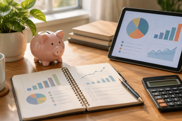 Birou ordonat cu un caiet cu schițe de buget lunar, o pușculiță, un calculator, o tabletă cu grafice abstracte și o plantă