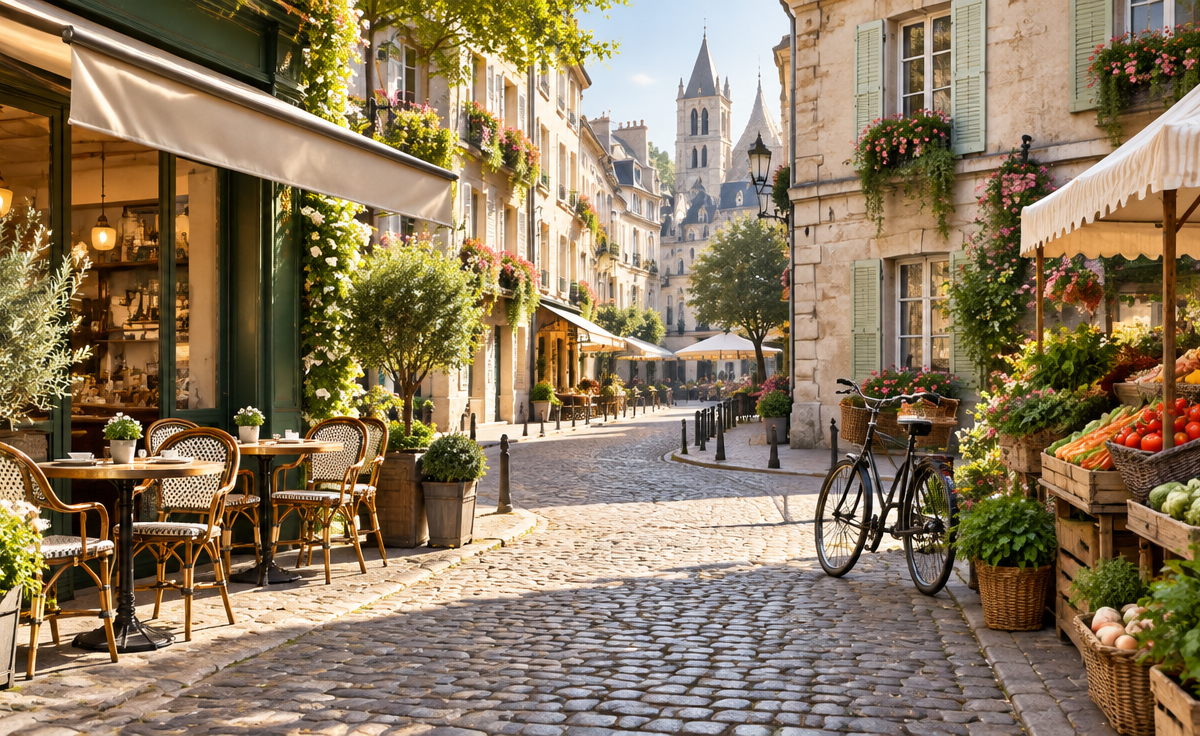 Stradă însorită dintr-un oraș european, cu cafenele, o bicicletă, jardiniere cu flori la ferestre și o tarabă de piață locală, dimineața