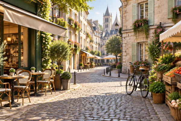 Stradă însorită dintr-un oraș european, cu cafenele, o bicicletă, jardiniere cu flori la ferestre și o tarabă de piață locală, dimineața