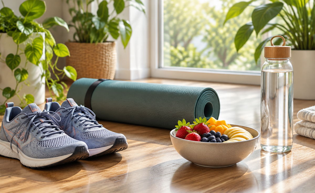 Pantofi de alergat, un covoraș de yoga, un bol cu fructe proaspete și o sticlă cu apă pe un podea de lemn lângă o fereastră luminoasă cu plante