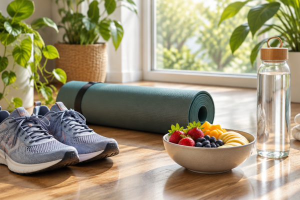 Pantofi de alergat, un covoraș de yoga, un bol cu fructe proaspete și o sticlă cu apă pe un podea de lemn lângă o fereastră luminoasă cu plante