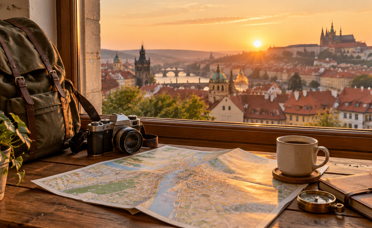Rucsac, hartă de hârtie și aparat foto pe o masă de lemn lângă o fereastră cu vedere spre acoperișurile unui oraș vechi european, cu o cafea
