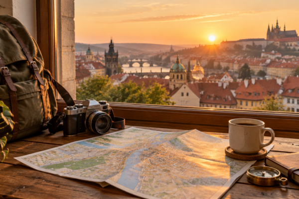 Rucsac, hartă de hârtie și aparat foto pe o masă de lemn lângă o fereastră cu vedere spre acoperișurile unui oraș vechi european, cu o cafea