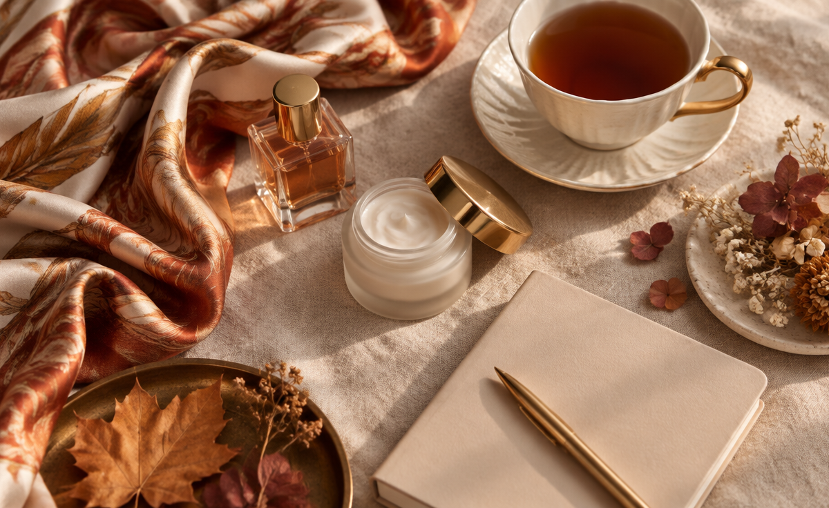 Aranjament de îngrijire de toamnă cu eșarfă de mătase, un parfum, un borcan de cremă, o ceașcă de ceai, flori uscate și un caiet pe o față de masă din in