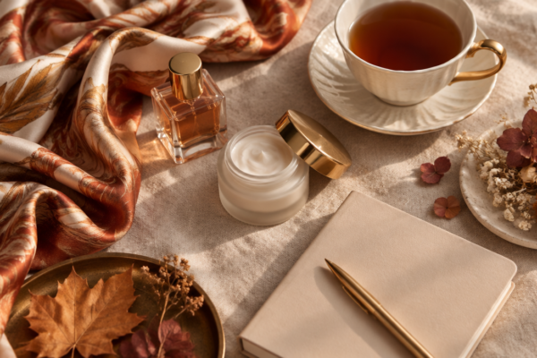 Aranjament de îngrijire de toamnă cu eșarfă de mătase, un parfum, un borcan de cremă, o ceașcă de ceai, flori uscate și un caiet pe o față de masă din in