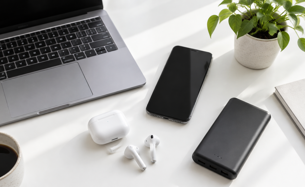 Laptop, smartphone, căști wireless, baterie externă și o plantă mică pe un birou alb luminos, într-un aranjament minimalist