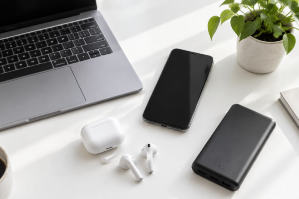 Laptop, smartphone, căști wireless, baterie externă și o plantă mică pe un birou alb luminos, într-un aranjament minimalist