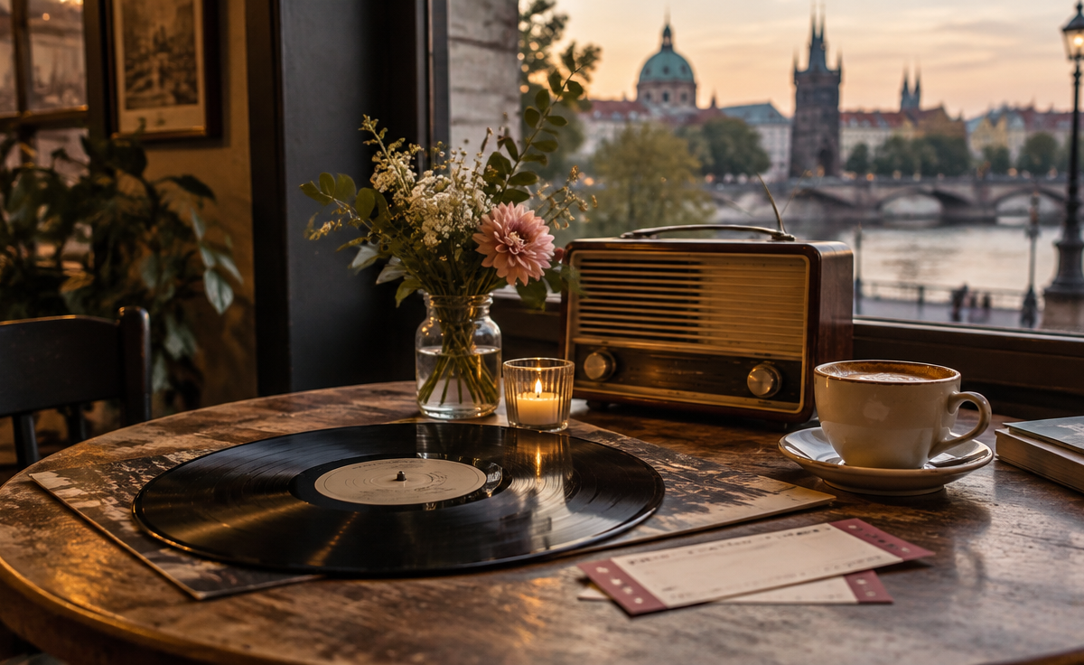 Bilete de concert fără text lizibil lângă un disc de vinil, un radio vechi, o ceașcă de cafea și un buchet mic pe masa unei cafenele