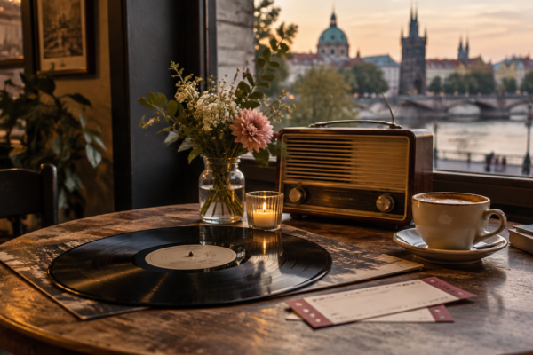 Bilete de concert fără text lizibil lângă un disc de vinil, un radio vechi, o ceașcă de cafea și un buchet mic pe masa unei cafenele